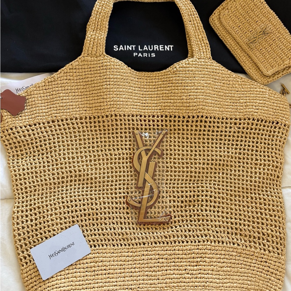 Yves Saint Laurent LARGE Tan Crochet Tote Bag YSL NEW w Wallet Pouch